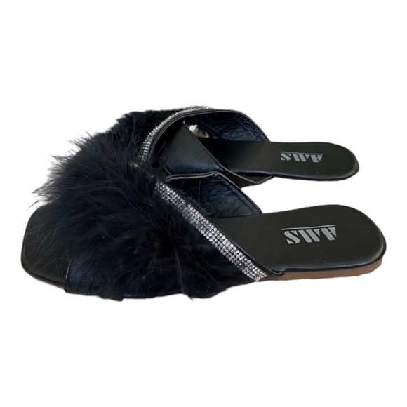 New AMS Black Feather Slippers American Slip On House Shoes Slides Rhinestone - Picture 2 of 6